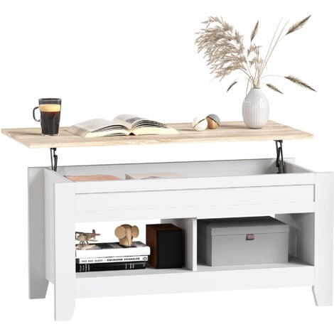 HOMCOM mesa de centro elevable con encimera elevable 2 compartimentos abiertos y espacio oculto de almacenaje 105x50x49 cm blanco y natural