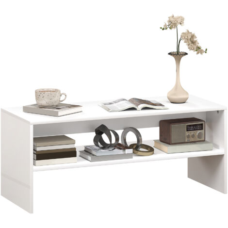 HOMCOM mesa de centro mesa auxiliar con compartimento abierto para salón comedor 100x40x41,5 cm blanco brillante