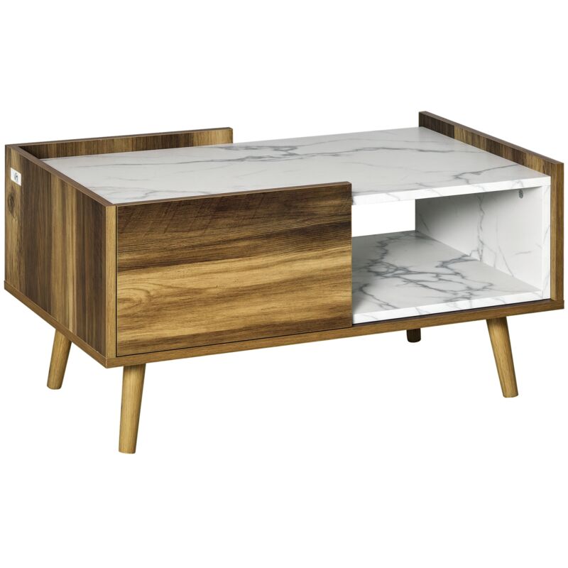 

Mesa de Centro para Salón con Cajón y Estante Abierto Mesa de Café Industrial con Encimera de Mármol y Patas Elevadas de Madera 80x45x40,5 cm