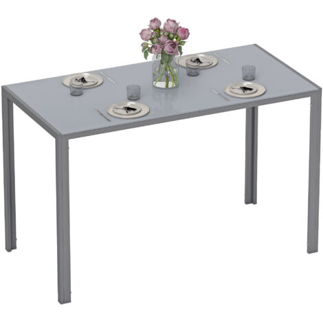 HOMCOM mesa de comedor de cristal, mesa rectangular para 4-6 personas con patas de metal, multifuncional, para cocina, salón, 120x60x75 cm, gris