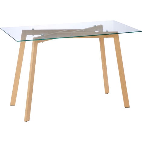 HOMCOM Mesa de comedor para 4 personas mesa de cocina moderna con tablero de vidrio templado y patas de acero con efecto madera para salón 120x60x76cm