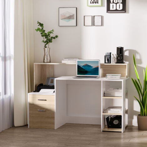 HOMCOM Mesa de Ordenador PC 137x55x92 cm Escritorio con Estantería de 3 Estantes 2 Cajones y Soporte para Impresora para Oficina Estudio Despacho Blanco y Roble