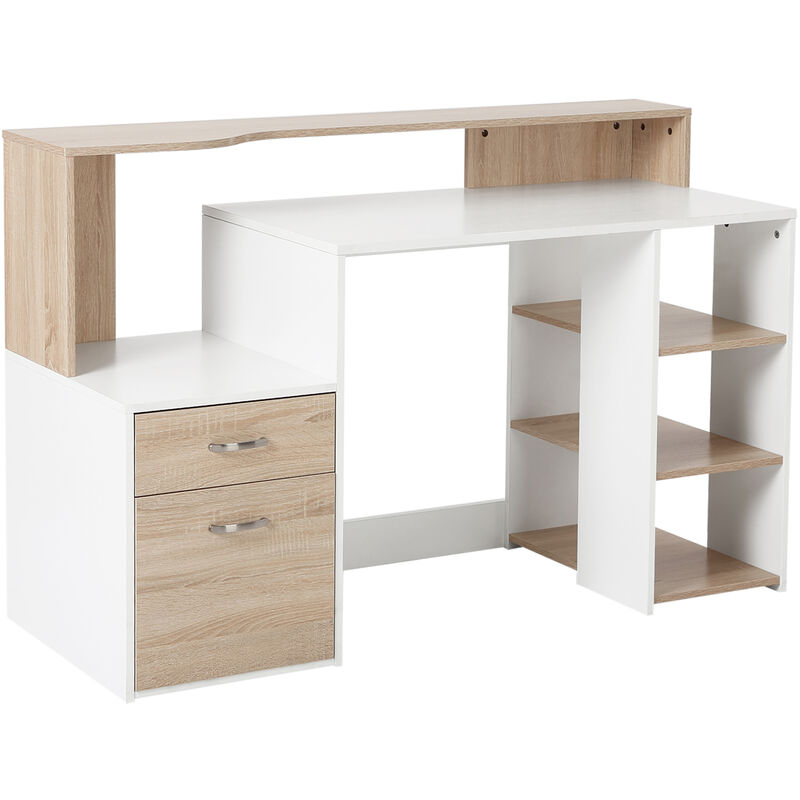 

Mesa de Ordenador PC 137x55x92 cm Escritorio con Estantería de 3 Estantes 2 Cajones y Soporte para Impresora para Oficina Estudio Despacho - Roble y