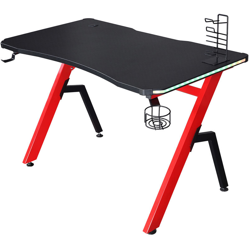 

Mesa Gaming 120x66x76 cm con Luz LED RGB y Control Remoto con Portavasos Gancho para Auriculares Soporte para Mandos Gamepad Fibra de Carbono