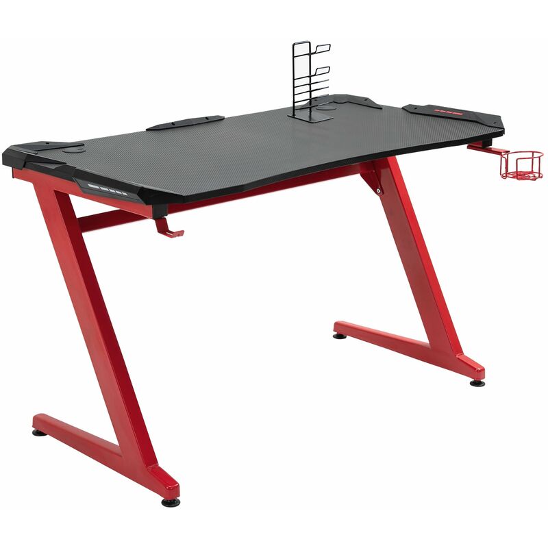 

Mesa Gaming 122x66x76 cm Escritorio para PC con Portavasos Gancho para Auriculares Soporte de Gamepad y 2 Orificios Pasacables Fibra de Carbono