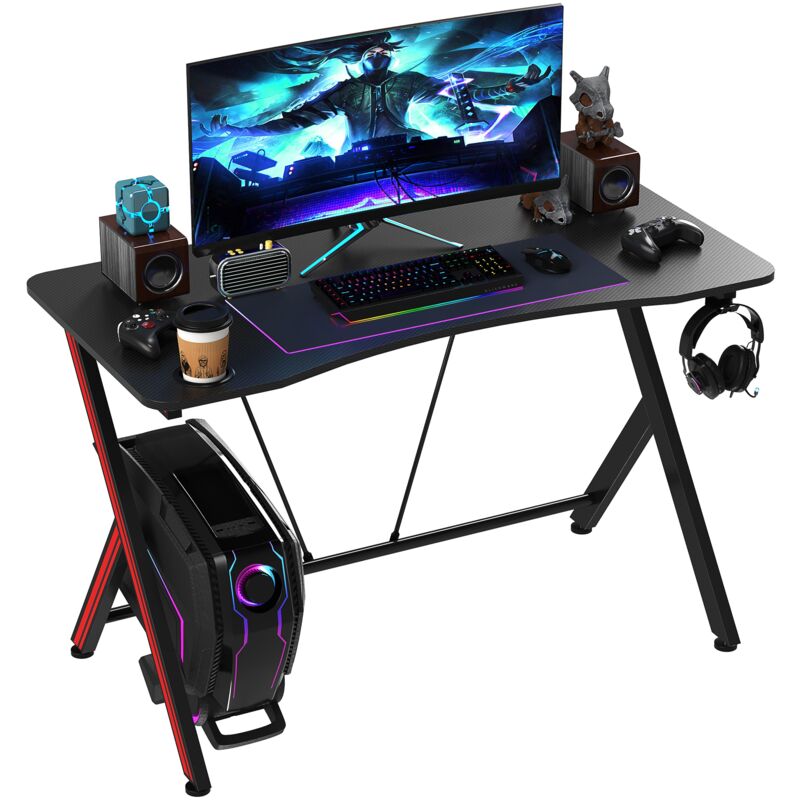 

Mesa Gaming Escritorio Ergonómica para Ordenador con Portavasos Gancho para Auriculares y Orificio Pasacables Fibra de Carbono 120x60x75 cm - Negro