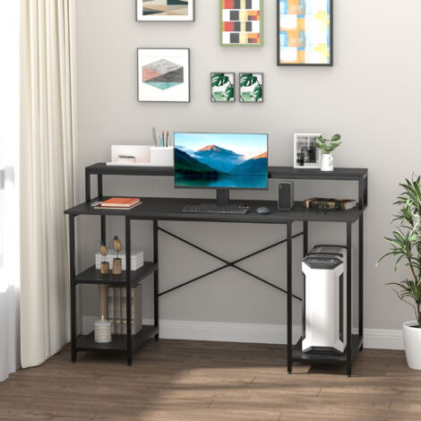 HOMCOM Mesa para Computadora Escritorio de Oficina Estudio con 3 Estantes Tabla Superior Patas con Almohadillas Ajustables Antideslizantes Marco Metálico 140x60x93 cm Negro