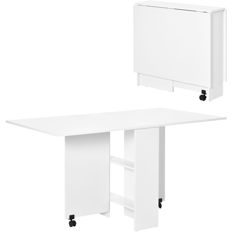 

Mesa de Comedor Plegable Madera con Ruedas 2 Solapas y 2 Estantes 140x80x74 cm - Blanco