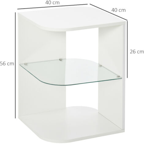 HOMCOM Mesita Auxiliar de Salón Moderna Mesilla de Noche con 3 Estantes Tablero de Cristal Mesita de Café para Sala de Estar Dormitorio 40x40x56 cm Blanco