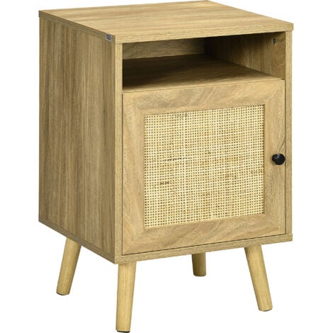 HOMCOM mesita de boche mesilla de noche con puerta de ratán y compartimiento abierto mesa auxiliar para dormitorio salón cama 39x35x60 cm natural