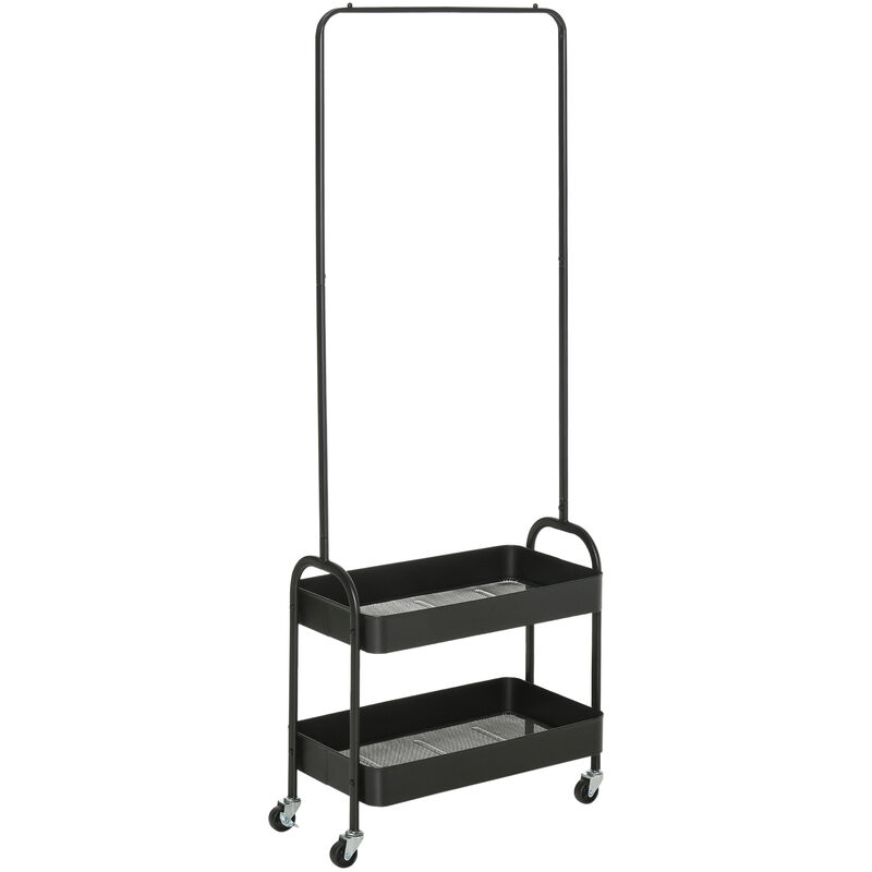 Metal Clothes Rack with Shoe Stand, Clothing Rail on Wheels w/ 2 Basket - Black - Homcom