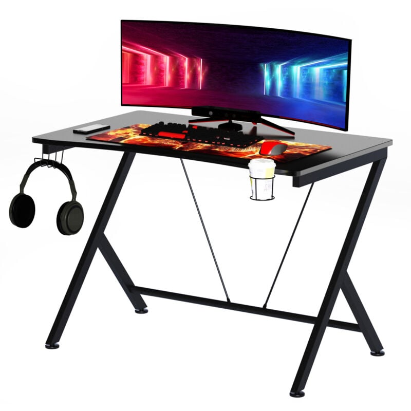 Gaming Desk Computer Table Metal Frame with Cup Holder, Headphone Hook, Cable Hole, Black - Homcom