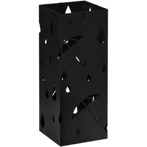 HOMCOM Metal Umbrella Stand, Square Umbrella Basket with 4 Hooks Drip Tray Black