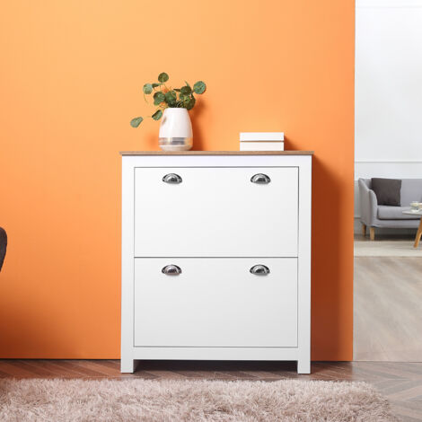 HOMCOM Meuble à chaussures 12 paires. armoire à chaussures étroite avec 2 tiroirs rabattables et étagères réglables. poignées coquilles métal. pour couloir. entrée. 79 x 23 x 90.5 cm. blanc et chêne