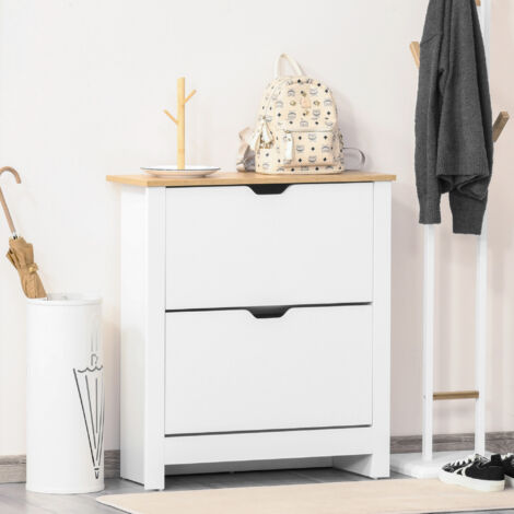 HOMCOM Meuble à chaussures 12 paires. armoire à chaussures étroite avec 2 tiroirs rabattables et étagères réglables. style moderne. pour couloir. entrée. 72 x 26 x 80 cm. blanc et chêne
