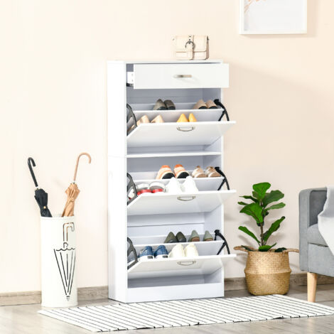 HOMCOM Meuble à Chaussures - 3 Portes abattantes et tiroir Coulissant - dim. 62L x 24l x 135H cm - poignées alu. Panneaux Particules Blanc