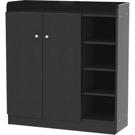 Homcom – Meuble à chaussures noir 83x30x90 cm – Panneaux de particules – 4 étagères ouvertes et fermées – Rangement pour 12 paires
