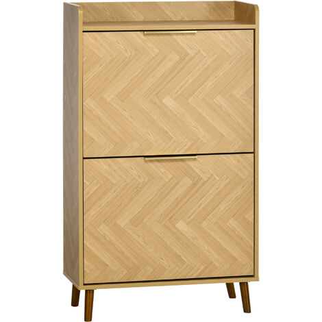 Homcom – Meuble à chaussures scandinave 2 portes abattantes – 3 étagères – Bois hévéa – Panneaux aspect chêne clair – Dispositif anti-basculement