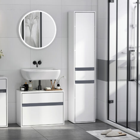 HOMCOM Meuble Colonne Rangement Salle de Bain Style Contemporain 2 placards 3 étagères et tiroir Coulissant Panneaux Particules Blanc
