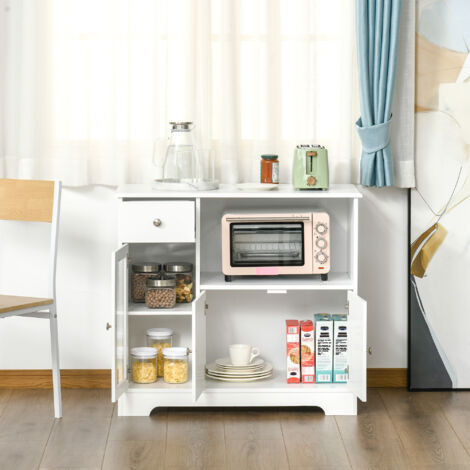 HOMCOM Meuble micro-ondes. buffet cuisine. armoire de rangement. pour cuisine. salle à Manger 90 x 40 x 82 cm verre trempé et bois. blanc