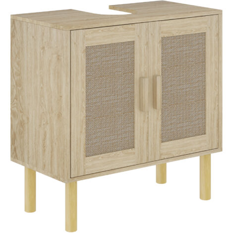 Homcom – Meuble sous vasque simple 60x30x60 cm – 2 portes en rotin PE – Découpe en U pour lavabo mural – Charge max 22 kg