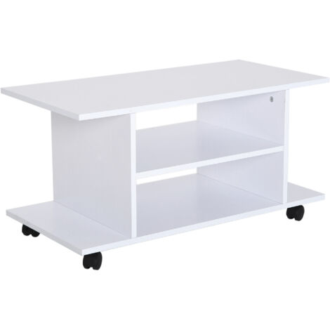 HOMCOM Meuble TV avec roulettes pivotantes, banc TV en bois avec étagères, support télé pour télévision jusqu'à 42 pouces, style contemporain pour salon chambre et bureau, 80 x 40 x 40 cm, blanc
