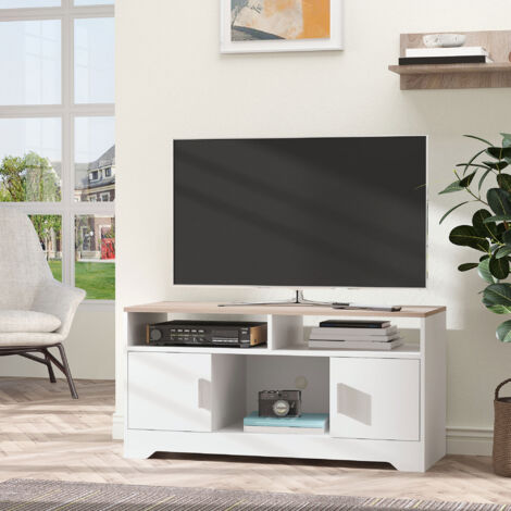 HOMCOM Meuble TV banc TV en bois grand espace de rangement avec 2 compartiments ouverts 2 armoires à porte une armoire ouverte 105 x 40 x 52 cm effet bois blanc