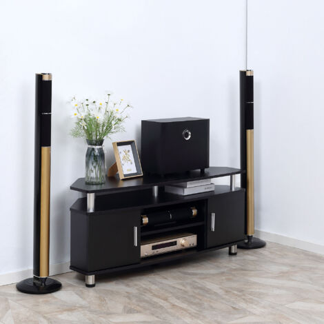 HOMCOM Meuble TV meuble télé bois banc TV pour téléviseur jusqu'à 55 pouces avec grand plateau. placards à portes et compartiment ouvert pour salon chambre à coucher. 120 x 40 x 52 cm. noir