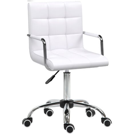 HOMCOM Mid Back Home Office Chair Swivel Salon Stool with Arm, Wheel, White