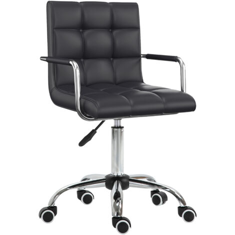 main image of "HOMCOM Mid Back PU Leather Home Office Desk Chair Swivel Computer Salon Stool with Arm, Wheels, Height Adjustable, Black"