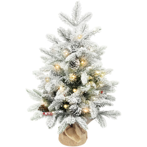 HOMCOM mini árbol de Navidad artificial con 35 luces led, 60 cm, 182 ramas densas con nieve, adornos y base de arpillera, decoración navideña de mesa