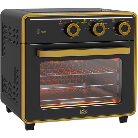 HOMCOM Minibackofen mit Umluft 20L Mini Ofen mit Backblech, Grillrost und Krümelblech, 90 °C-230 °C Heißluftfritteuse mit 5 Modi, Frittierkorb, 60 Min. Timer, 1400W, Metall
