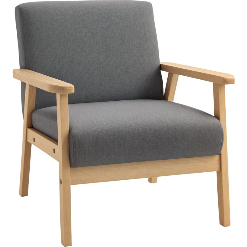 Accent Chair with Wood Frame Wide Seat Linen Armchair Grey - Homcom