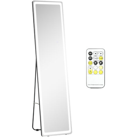 Homcom – Miroir LED sur pied réglable – Couleur et intensité lumineuse ajustables – Télécommande incluse – Verre aluminium noir – Dimensions 40L x 160H cm