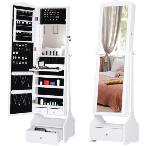 HOMCOM Mirrored Jewelry Cabinet Armoire Floor Standing w/ Lock, LED Light White