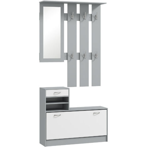 HOMCOM Mobile da Ingresso con Scarpiera e Specchio in Legno Bianco e Grigio