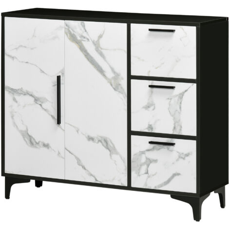 HOMCOM Mobile Dispensa a 2 Ante e 3 Cassetti in MDF e Acciaio per Soggiorno, Cucina e Studio, 90x30x80 cm, Bianco e Nero