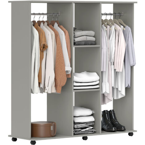 HOMCOM Mobile Double Open Wardrobe w/ Clothes Hanging Rail Colthing Grey