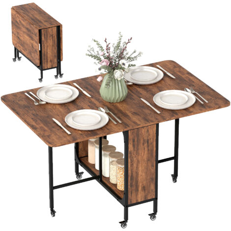 HOMCOM Mobile Drop Leaf Dining Table on Wheels with Storage Shelf Rustic Brown