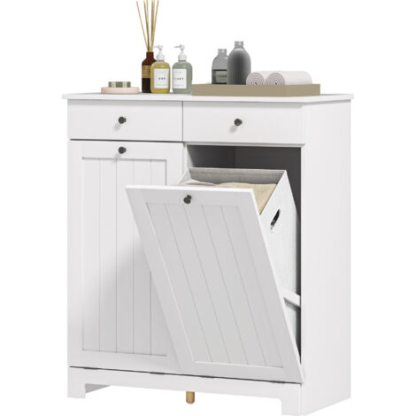 Cesto Portabiancheria In Bambù HOMCOM - 2 Borse Estraibili, Ripiano Superiore, Dimensioni 70x36x70 Cm, Bianco