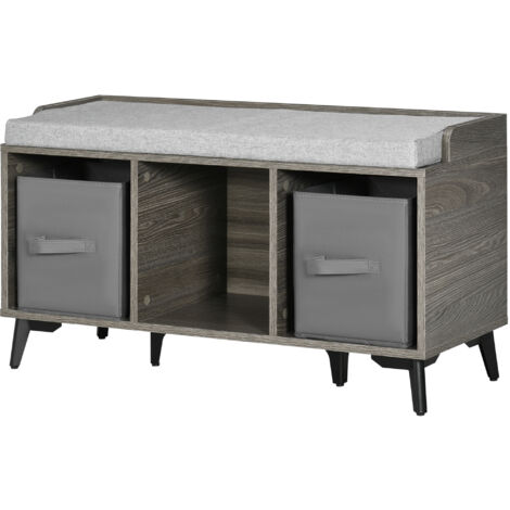 HOMCOM Mobile Scarpiera da Ingresso in Truciolato e Metallo con 3 Ripiani Aperti, 2 Cassetti e Seduta imbottita, 90x34x48 cm, Grigio