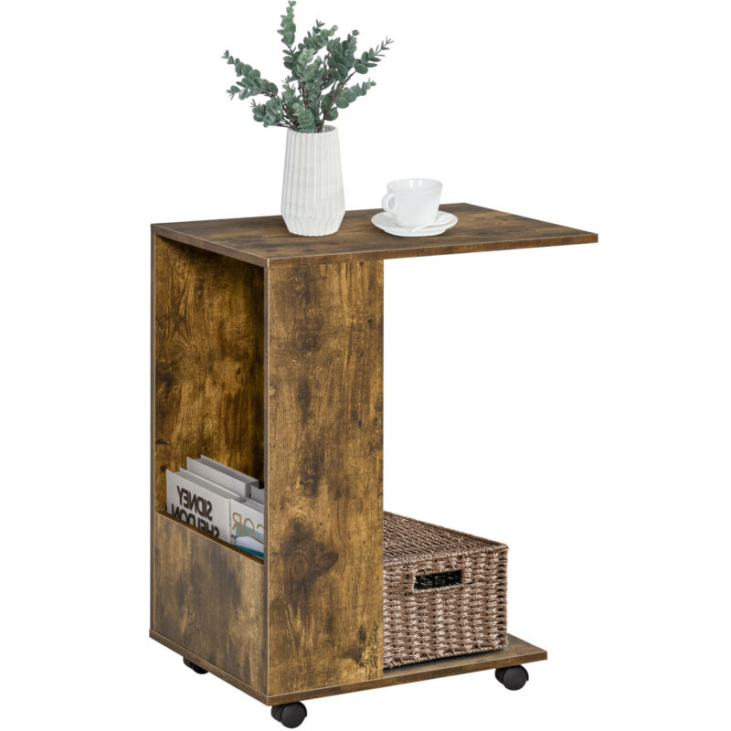 Homcom - Mobile Sofa Side Table For Laptop Coffee W/ Storage And Casters Rustic Brown