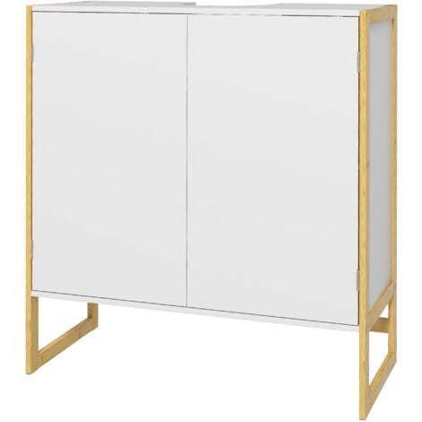 HOMCOM Mobile Sottolavabo 2 Ante a Pressione Bambù e MDF con Intaglio a U Bianco