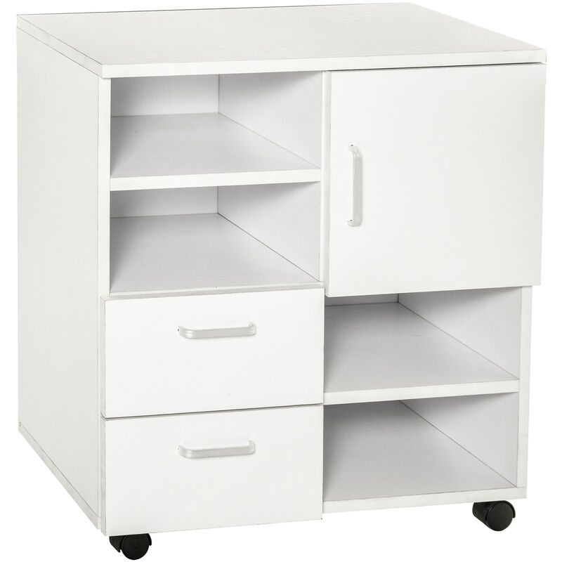 Homcom Mobile Storage Cabinet Cupboard With Drawers 4 Shelves Lockable Wheels White Uk02 06280331