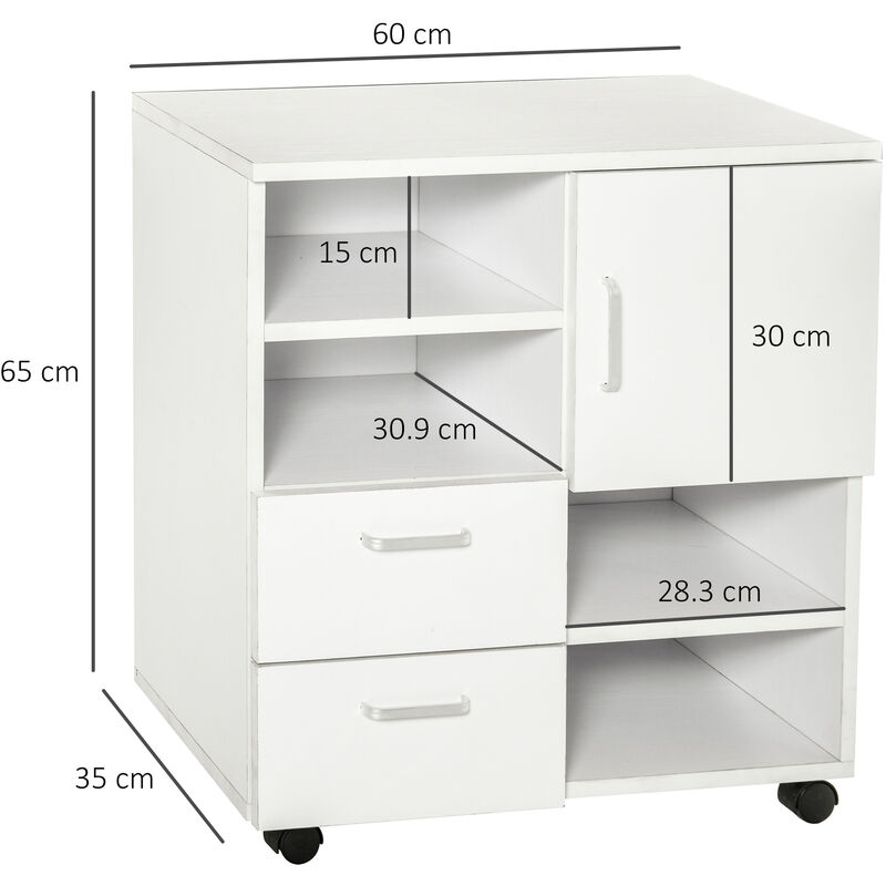 Homcom Mobile Storage Cabinet Cupboard With Drawers 4 Shelves Lockable Wheels White Uk02 06280331