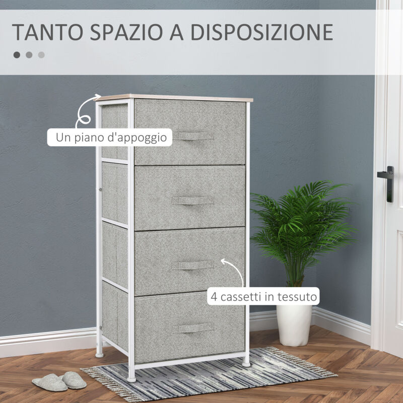 HOMCOM Mobile Contenitore con 4 Cassetti in Lino Pannello Telaio in Acciaio Verniciato a Polvere Ripiano Superiore in MDF Grigio Max:25 kg 45 x 30 x 92cm