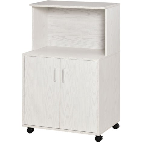 HOMCOM Mobiletto Cucina per Microonde con Armadietto e Ruote in Legno Bianco