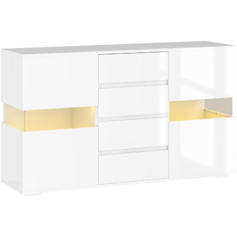 HOMCOM Mobiletto Moderno con LED Regolabile, 2 Armadietti e 4 Cassetti, Bianco