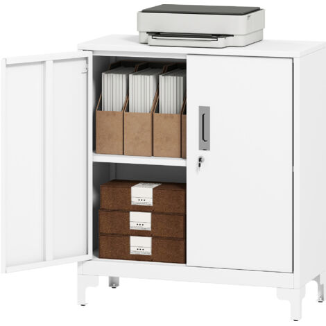 HOMCOM Mobiletto Ufficio con 3 Ripiani, 2 Ante e Chiavi 80x35x91 cm Bianco