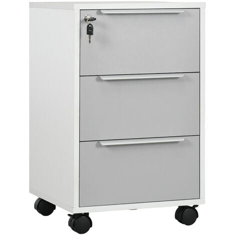 HOMCOM Modern 3-Drawer Locking File Cabinet Mobile Filing Cabinet Grey White